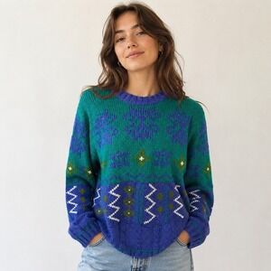 Vintage 80s Laura Gayle Geometric Knit Sweater‎ NWT Purple Teal Large